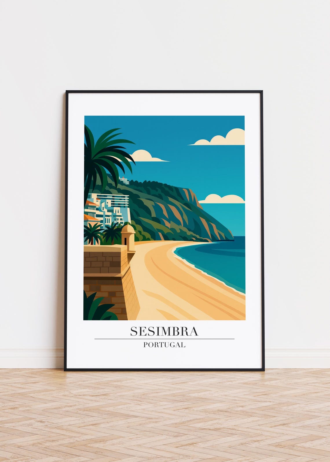 Sesimbra Portugal Fort Wall Beach Cliff Palm Modern Travel Poster