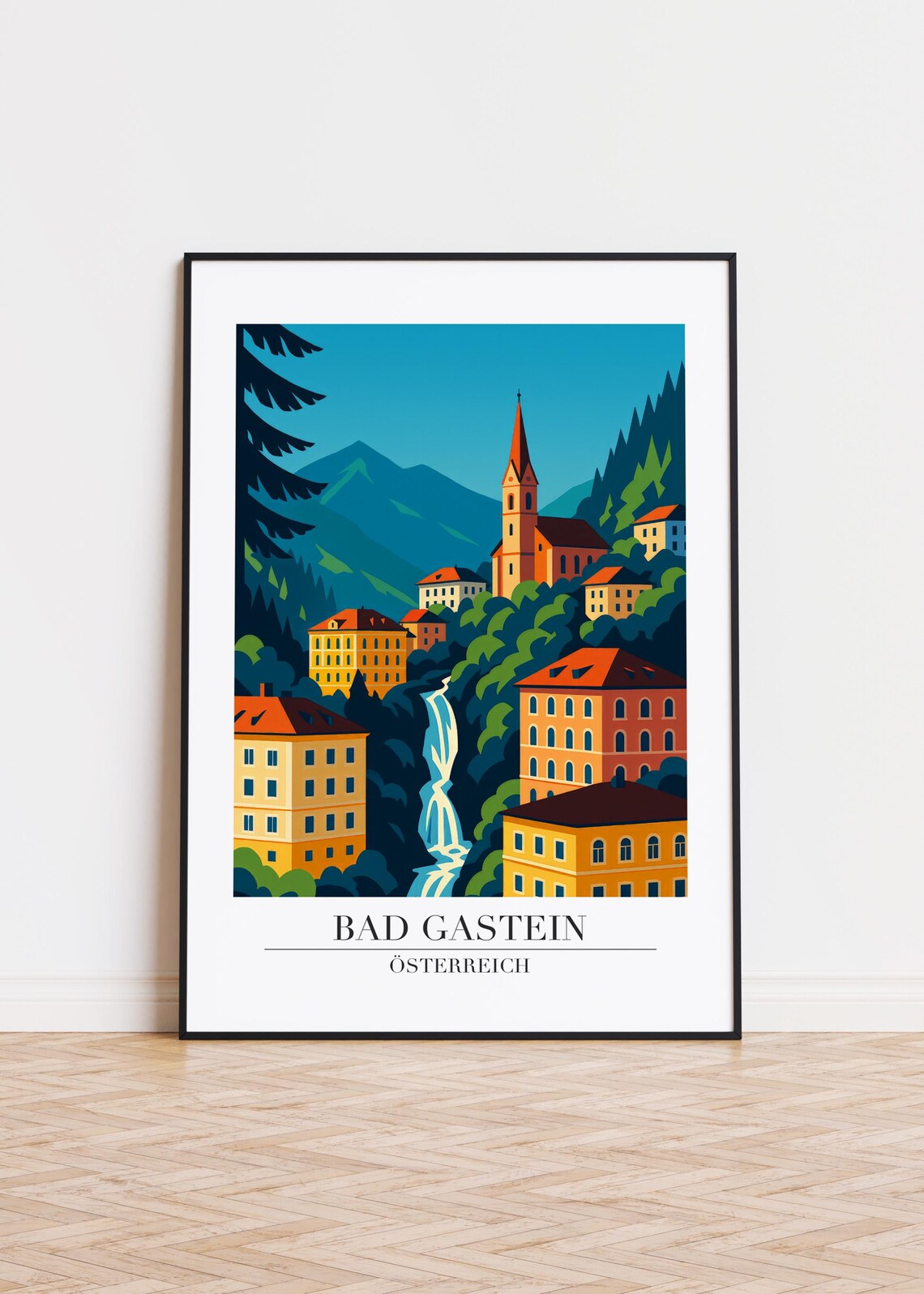 Bad Gastein Austria Travel Poster Waterfall Village Illustration Wall Decor Gift
