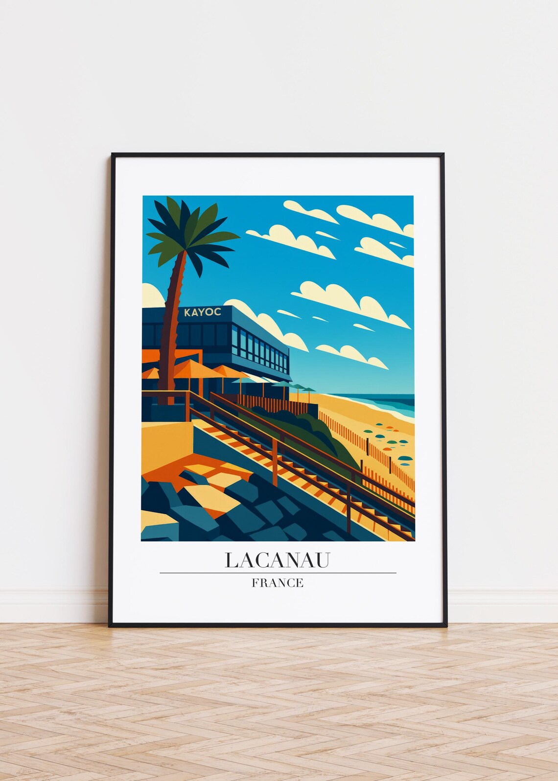 Lacanau France Ocean Beach Club Stairs Palm Vintage Travel Poster