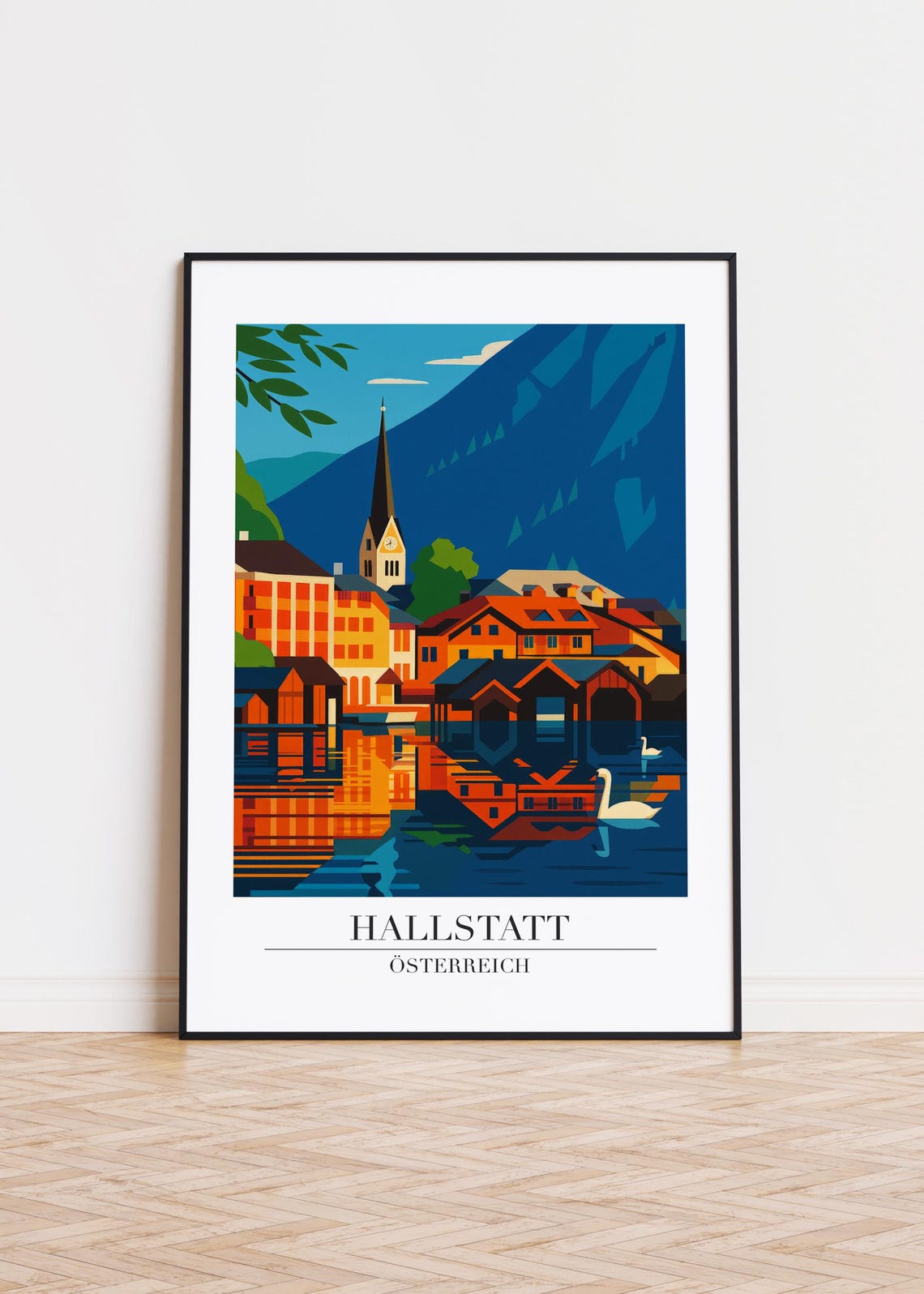 Hallstatt Austria Evening Lakeside Swans Glow Warm Reflection Poster