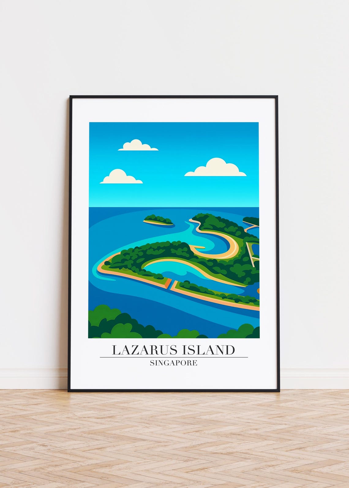 Lazarus Island Singapore Curved Beach Lagoon Aerial Travel Poster