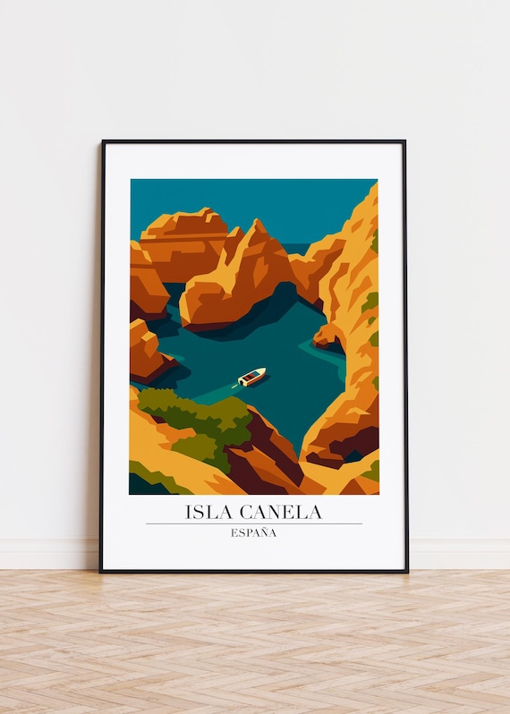Isla Canela Spain Rocky Cove Lone Boat Modern Vintage Style Travel Wall Art
