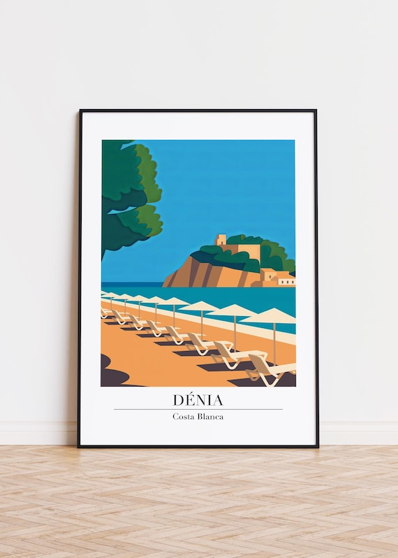 Denia Costa Blanca Spain Sandy Beach Loungers Vintage Travel Poster