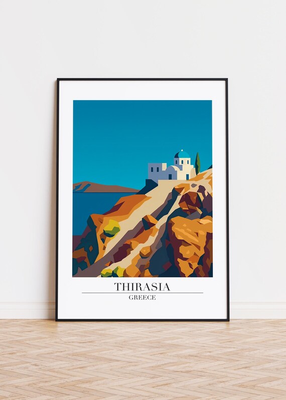 Thirasia Greece White Chapel Rocky Cliffs Sea Illustration Poster