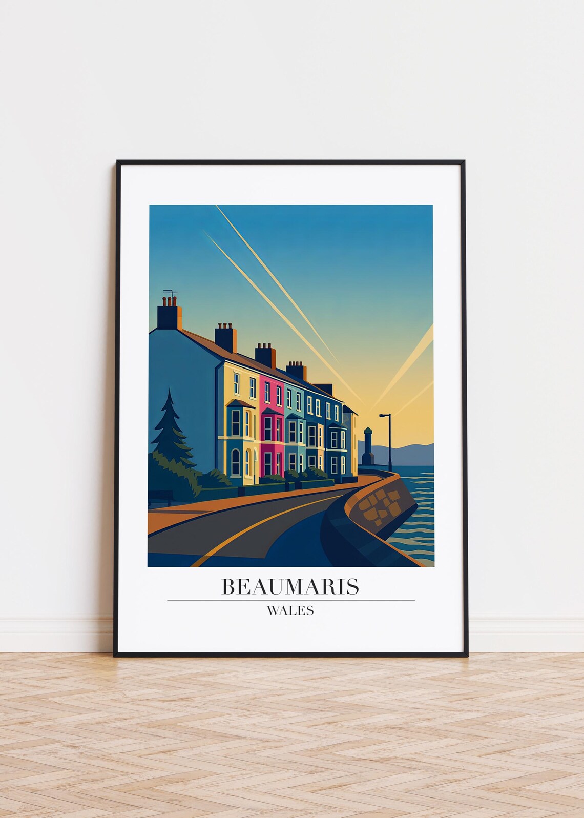 Beaumaris Wales Colorful Seafront Houses Modern Travel Art Poster