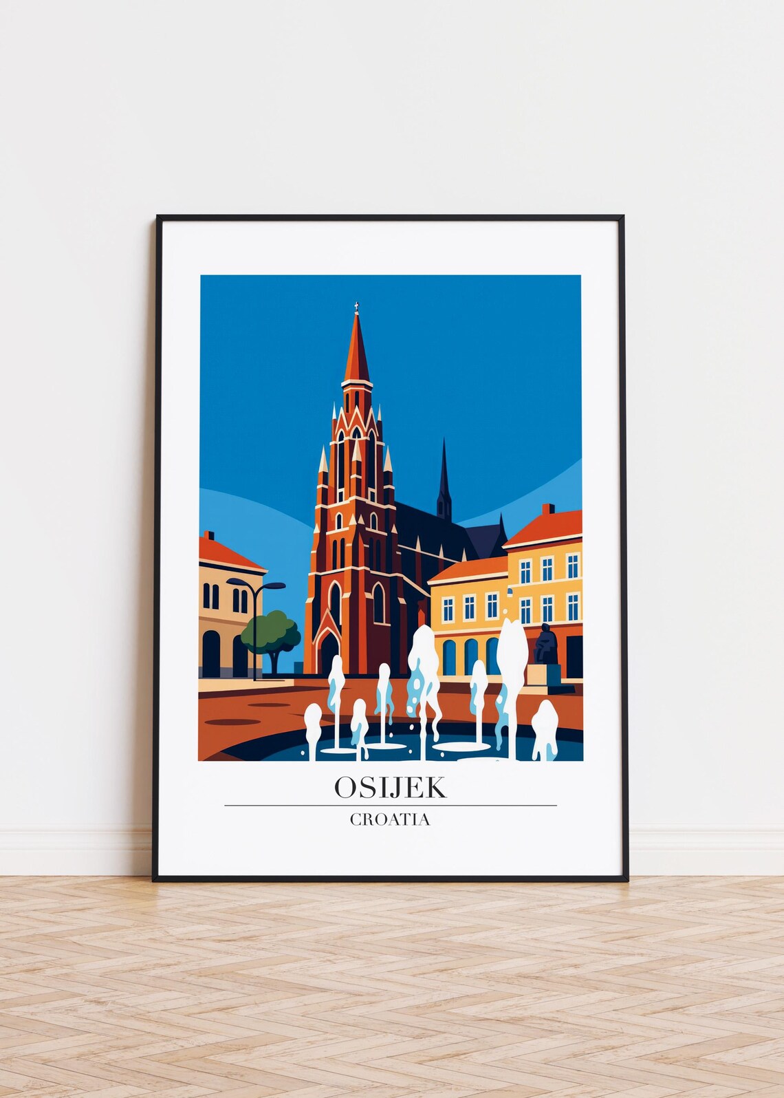 Osijek Croatia Cathedral Fountains Town Square Travel Poster