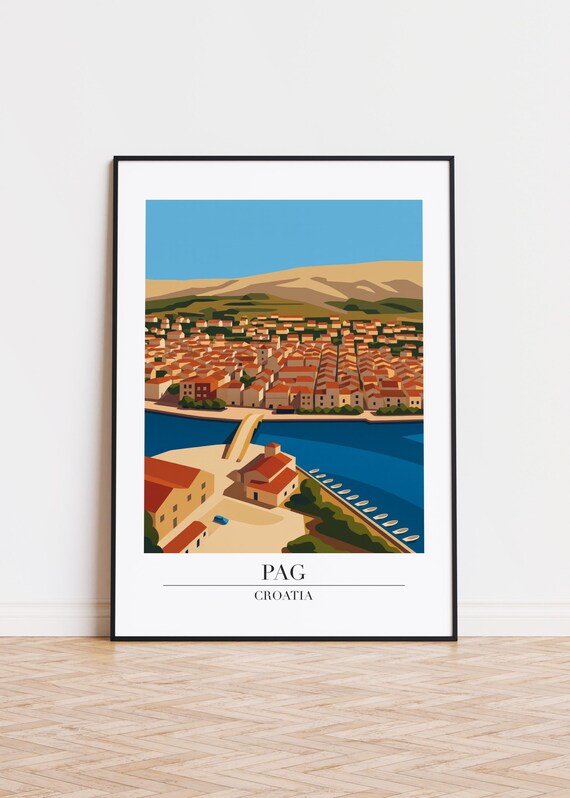 Pag Croatia Old Town Aerial Church Bay Red Rooftops Travel Poster