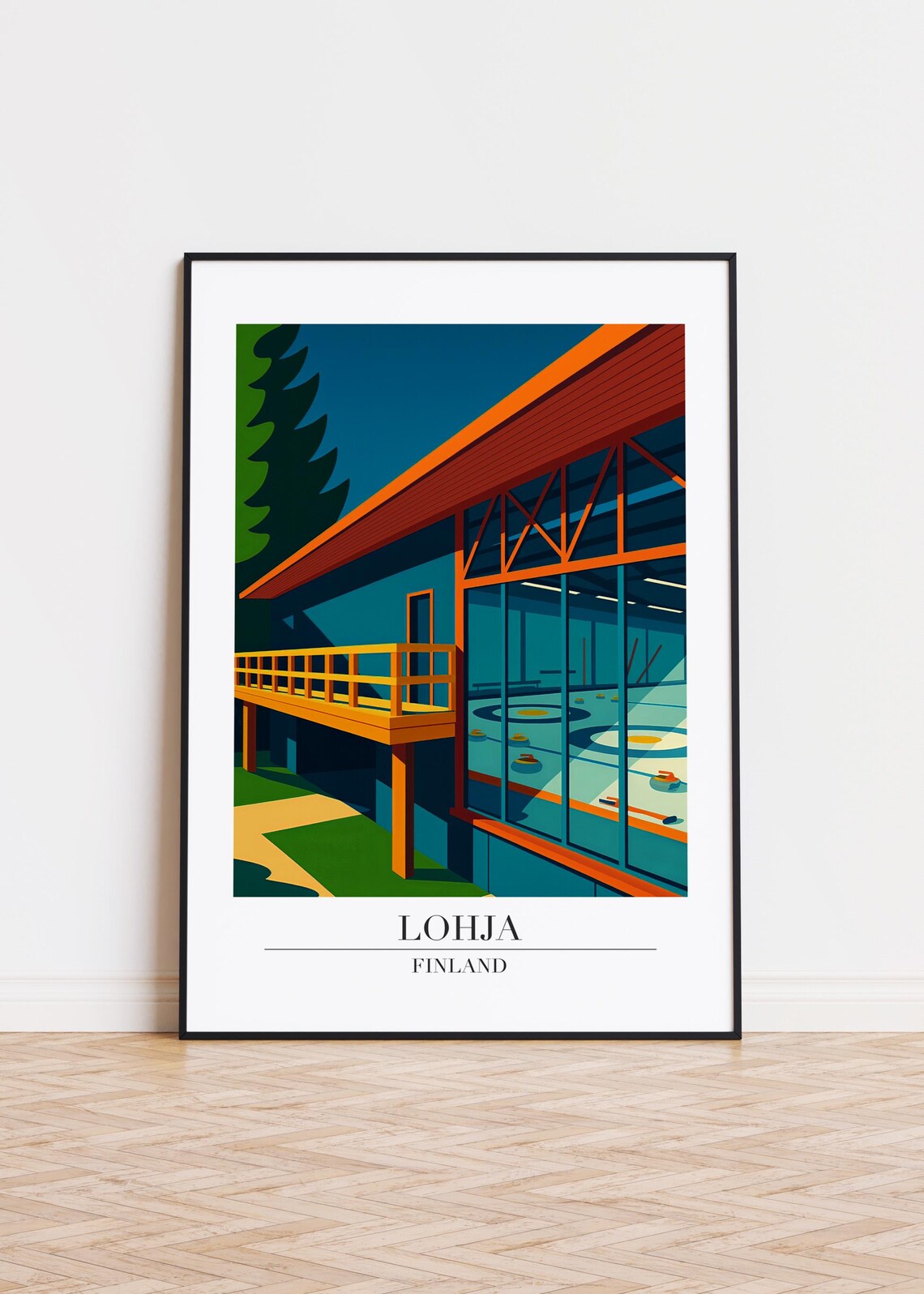 Lohja Finland Curling Hall Modern Wooden Sports Travel Poster Art