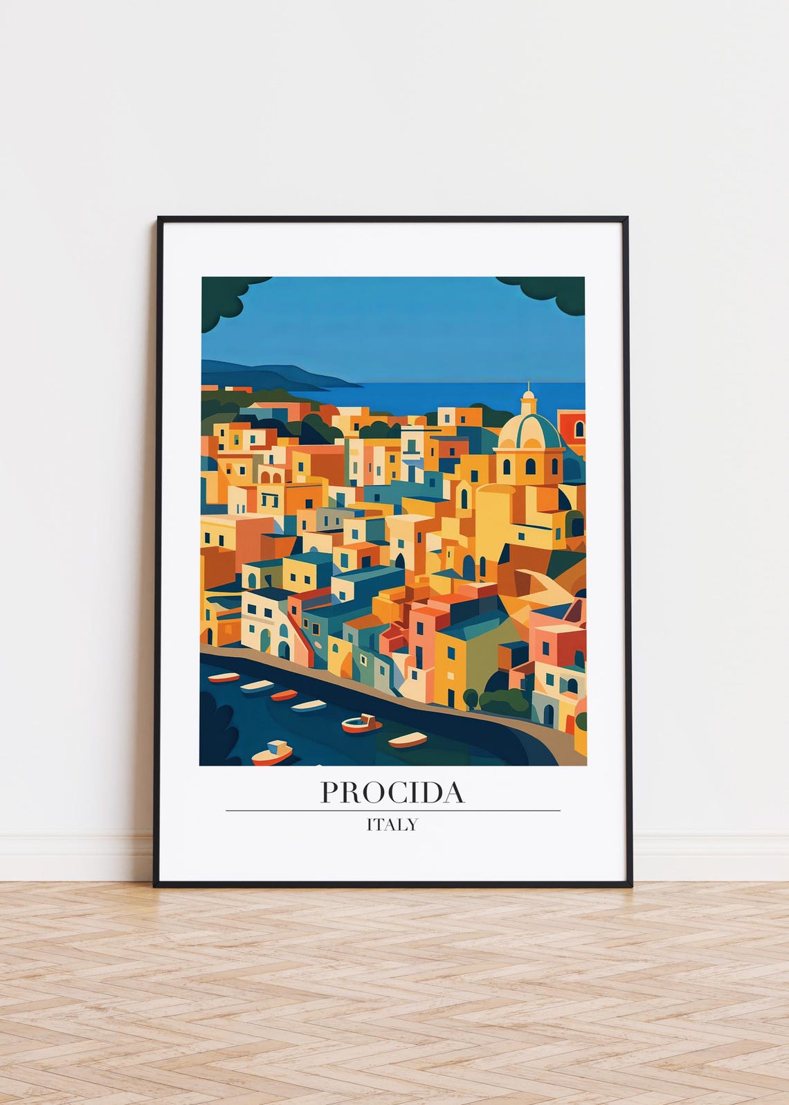 Procida Italy Colorful Harbor Village Under a Blue Sky Travel Poster