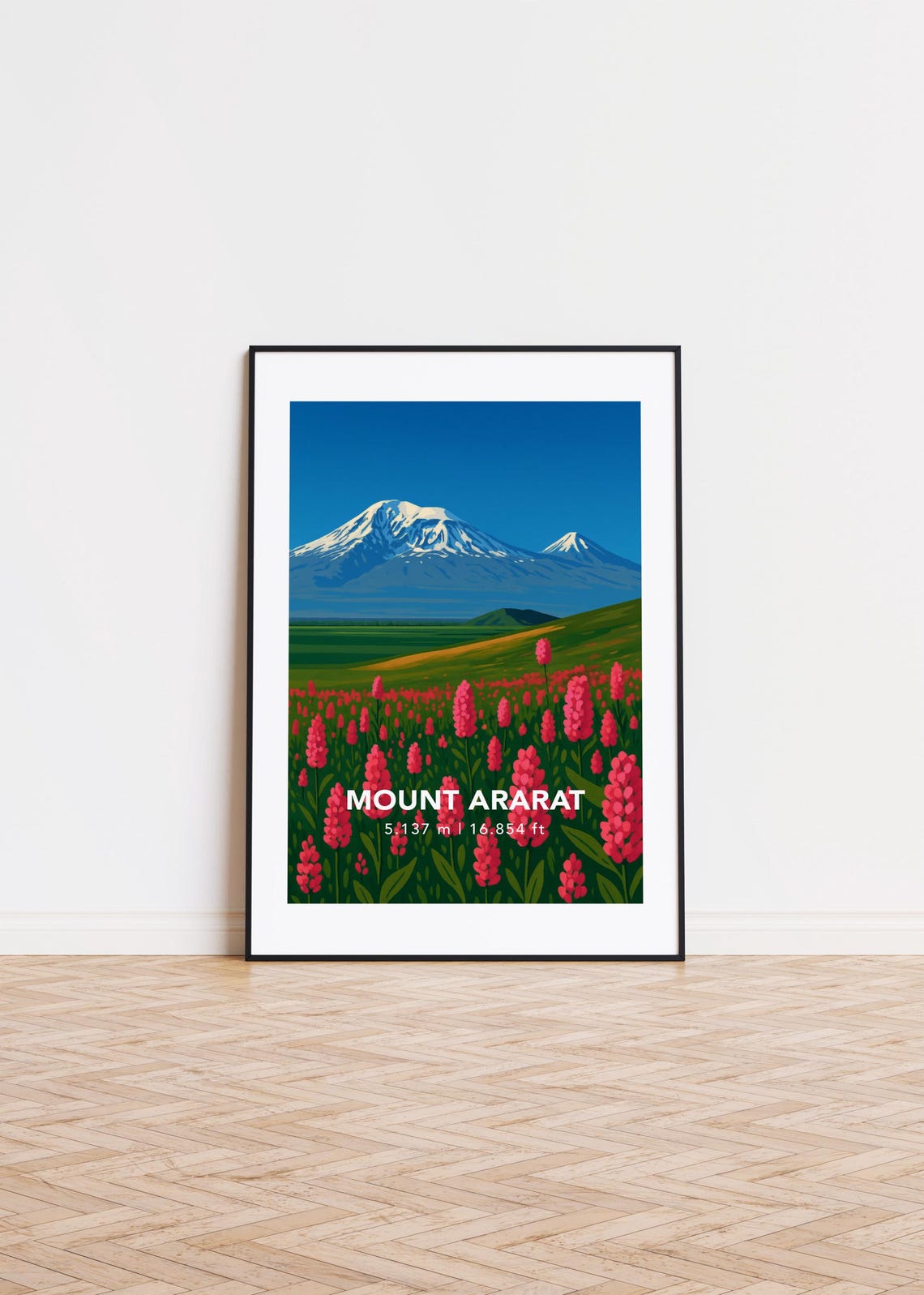 Mount Ararat Snow Capped Peak Red Flower Field Landscape Poster