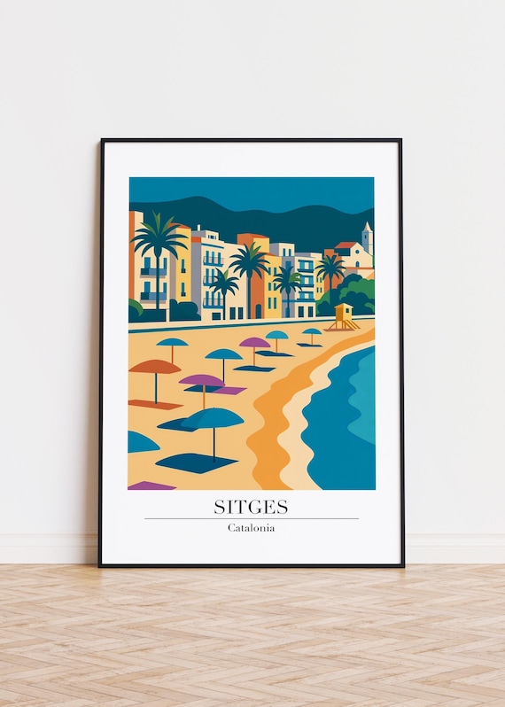 Sitges Catalonia Spain Beach Umbrellas Retro Travel Illustration Poster