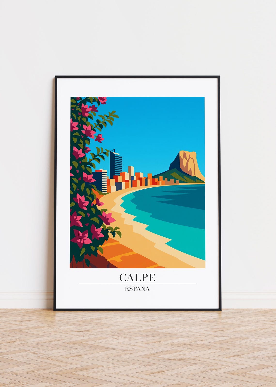 Calpe Spain Beach Scene Towering Rock Modern Travel Art Poster
