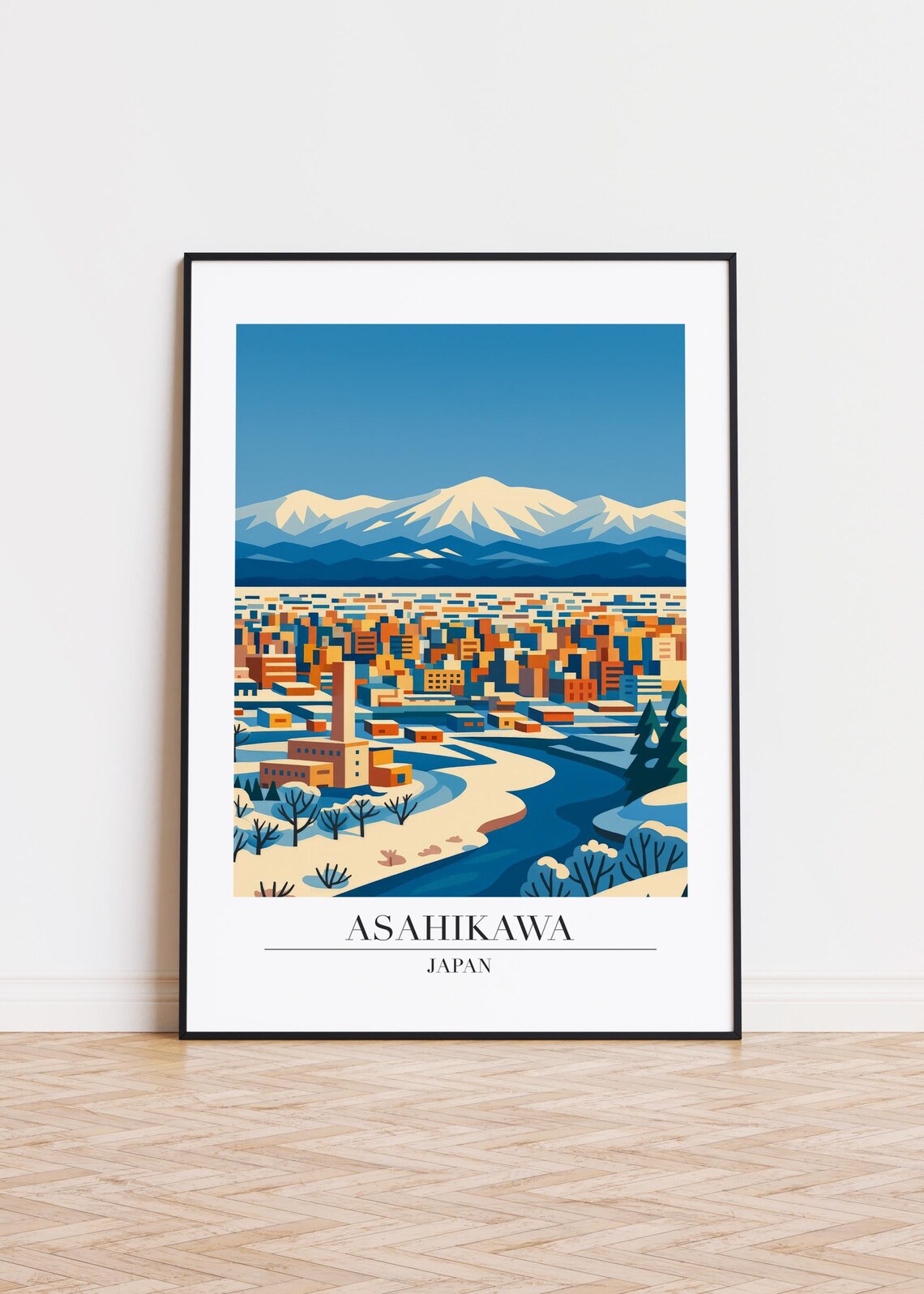 Asahikawa Japan Snowy City Winter Mountain Landscape Travel Poster