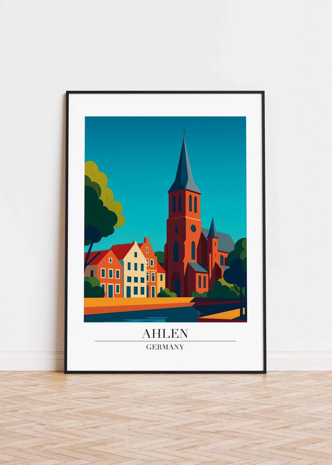 Ahlen Germany Red Brick Church by the Riverside Travel Poster