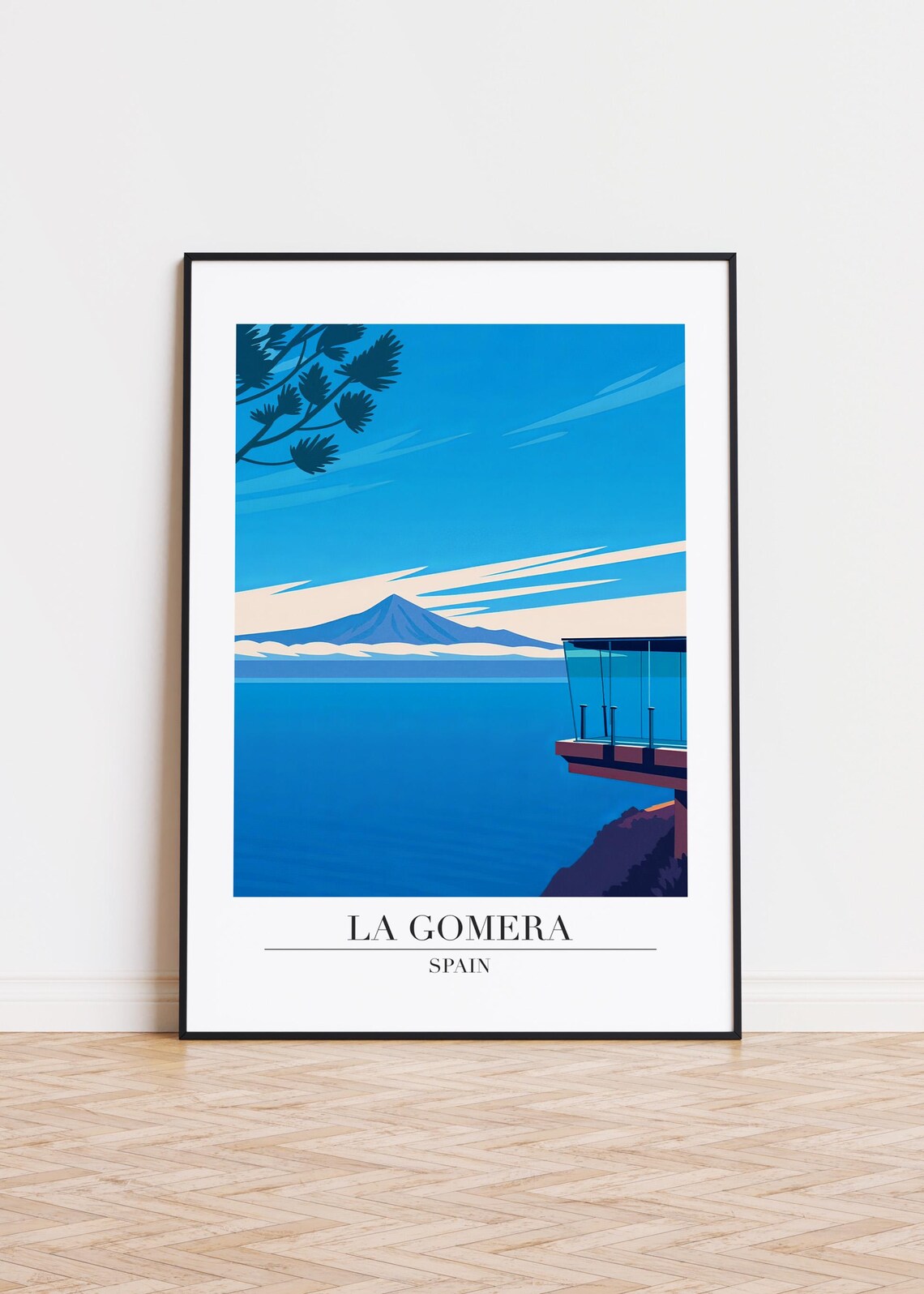 La Gomera Spain Travel Poster Deep Blue Ocean Volcano View Illustration