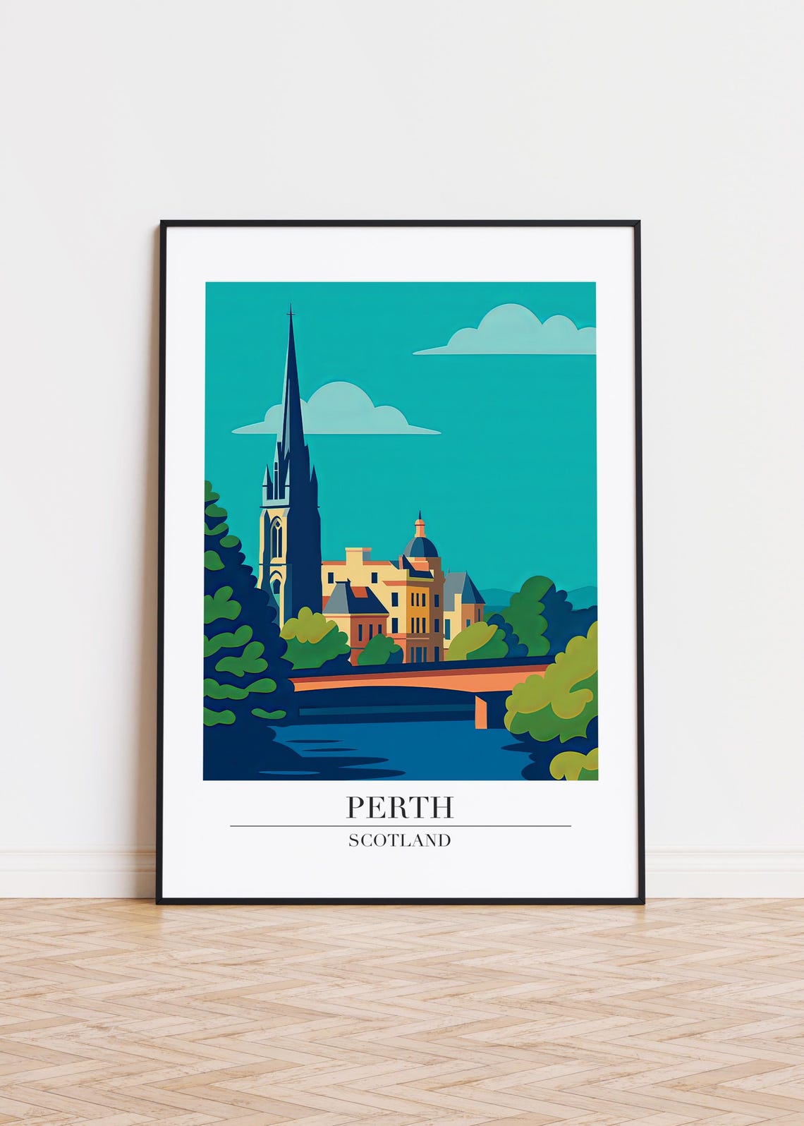 Perth Scotland Riverside Church Spire Travel Illustration Poster