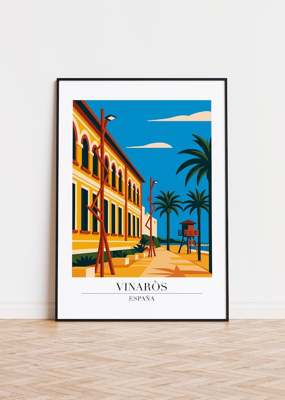 Vinaros Spain Waterfront Promenade Modern Travel Poster Palm Tree Artwork