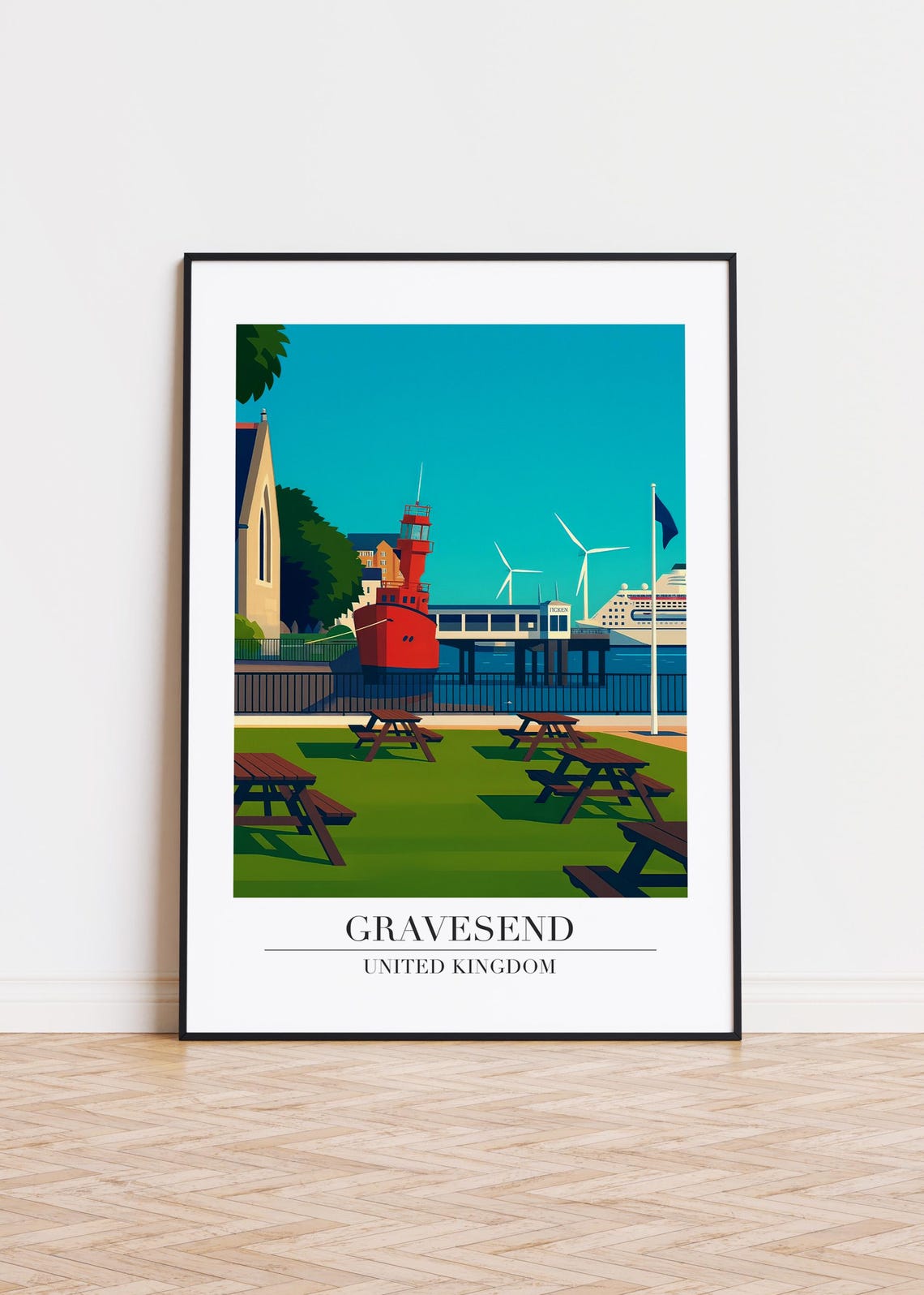 Gravesend United Kingdom Red Lightship Harbor Retro Travel Poster