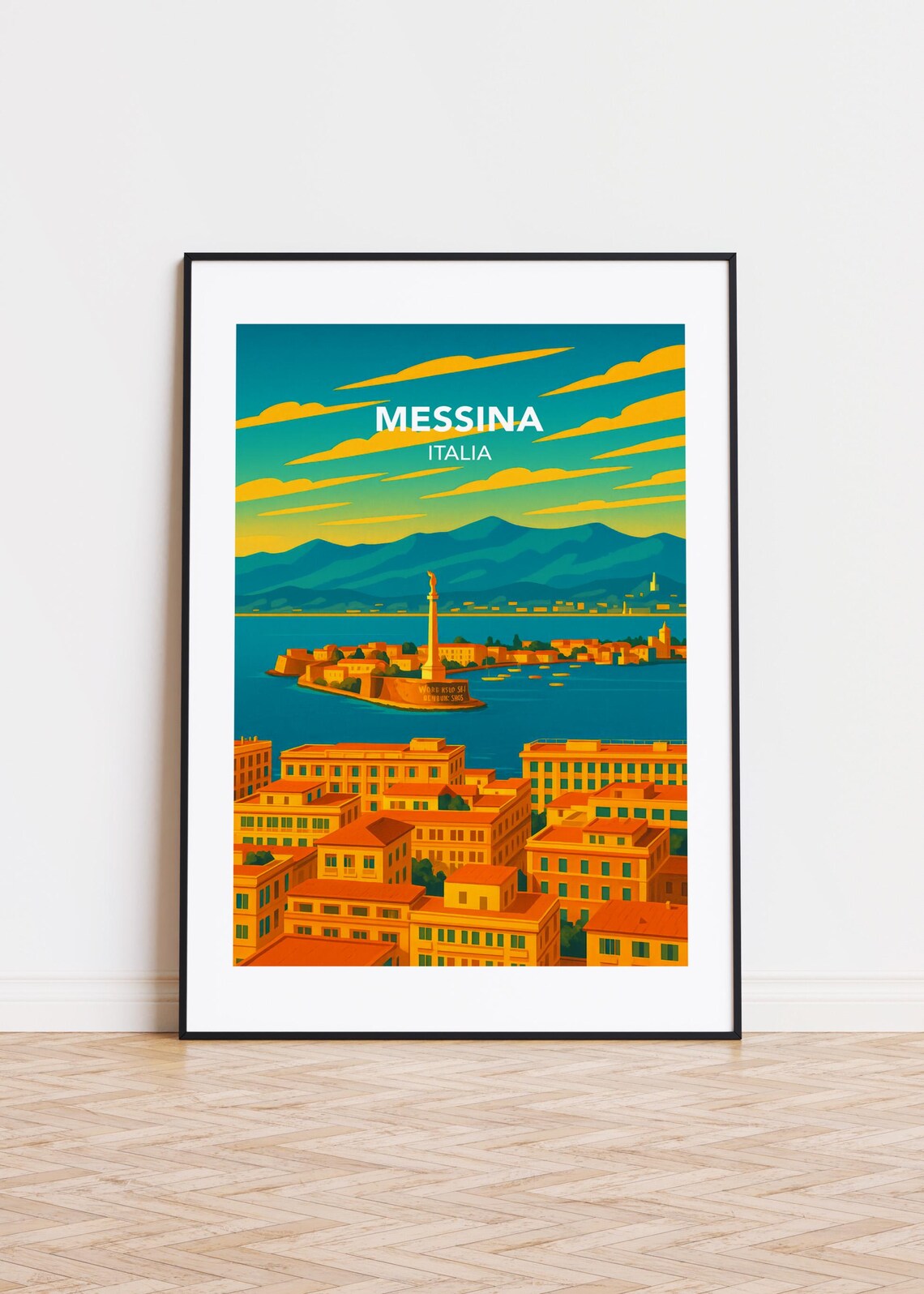 Messina Italy Sicily Harbor Monument Teal Sea Retro Travel Art Poster