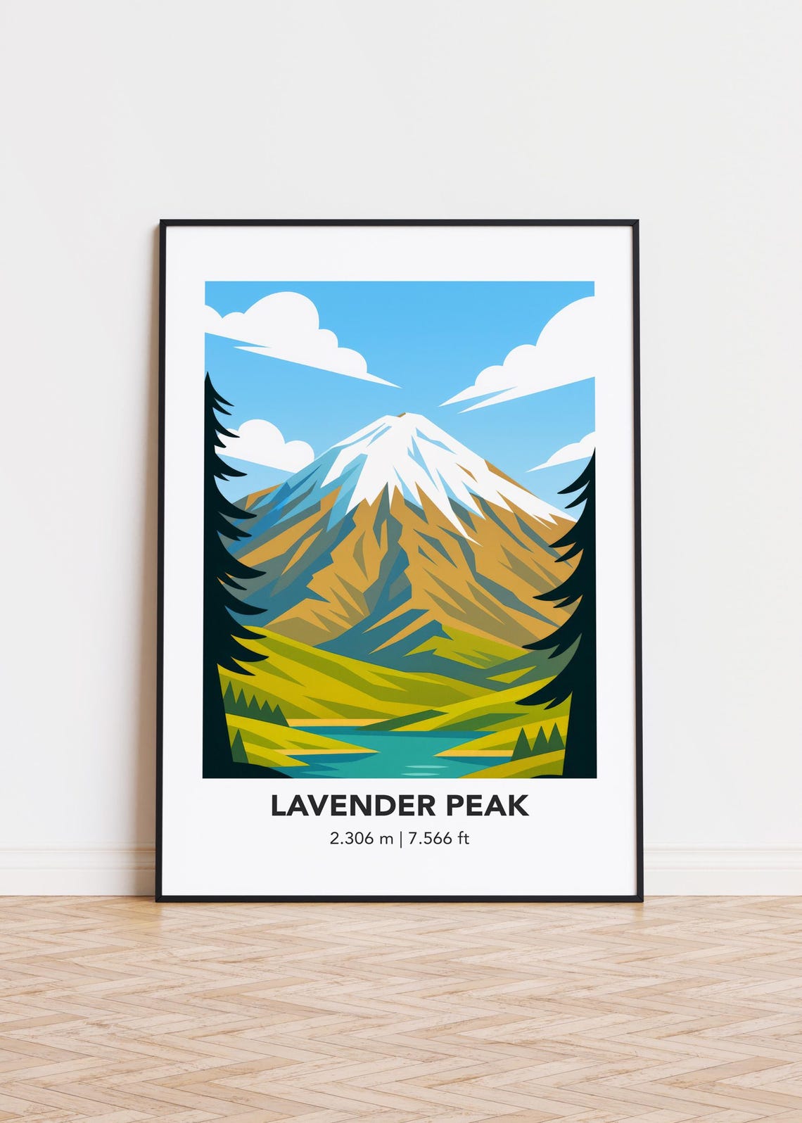 Lavender Peak Snowy Summit Lake Modern Minimalist Travel Poster