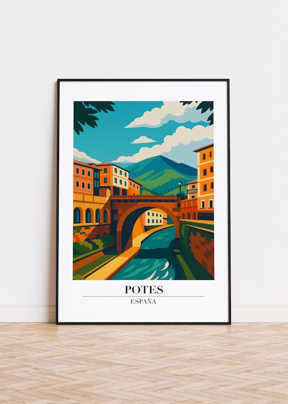 Potes Spain Historic Stone Bridge River Town Travel Poster Art