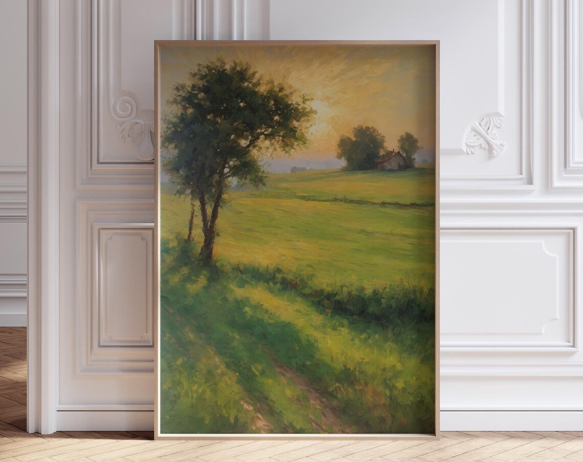 Golden Sunset Countryside Meadow Vintage Oil Painting Landscape Poster