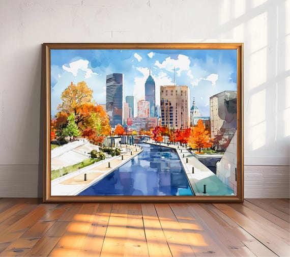 Indianapolis Skyline Art Print Fall Canal Scene Wall Indiana Watercolor Cityscape Colorful Urban Landscape Painting