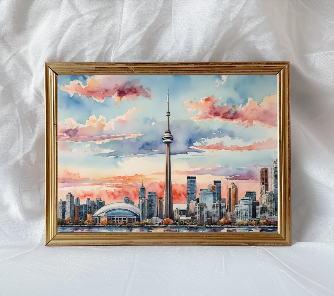 Toronto Skyline Watercolor Travel Poster, Canada