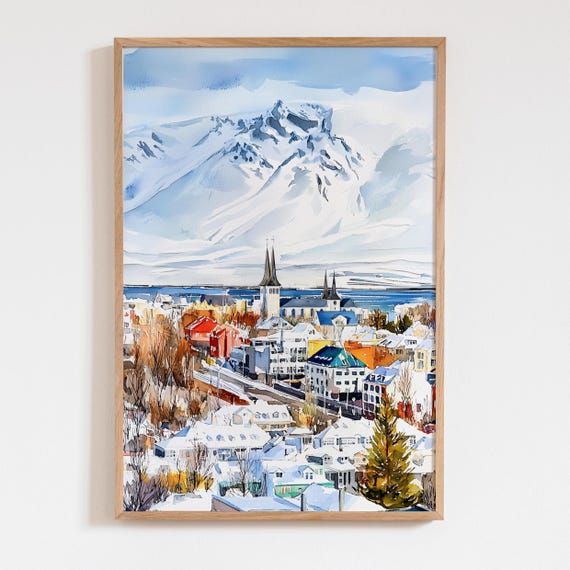 Reykjavik Watercolor Print Winter Cityscape Wall Art Iceland Travel Poster Snowy Mountain Landscape Painting Nordic Home Decor