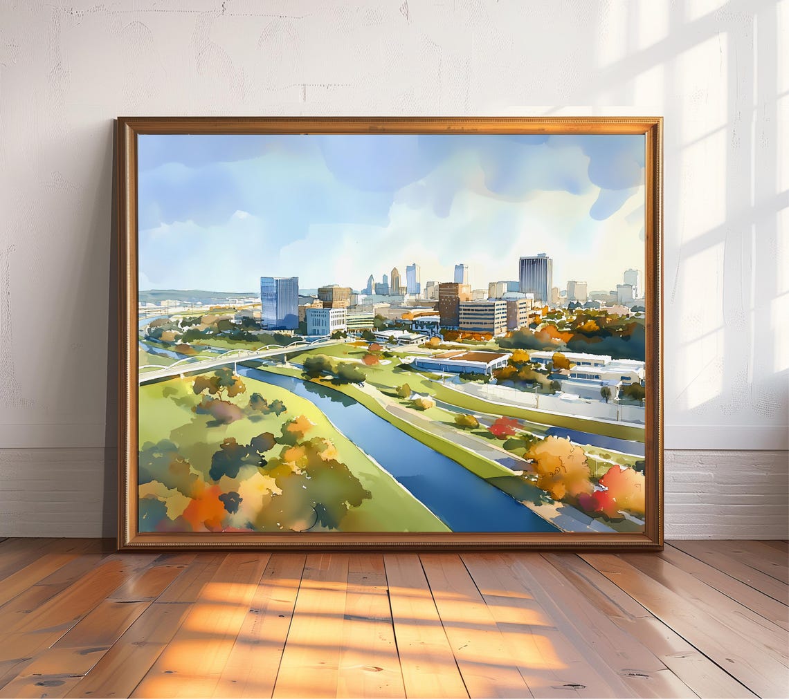 Fort Worth Texas Skyline Aerial Watercolor River Cityscape Wall Art