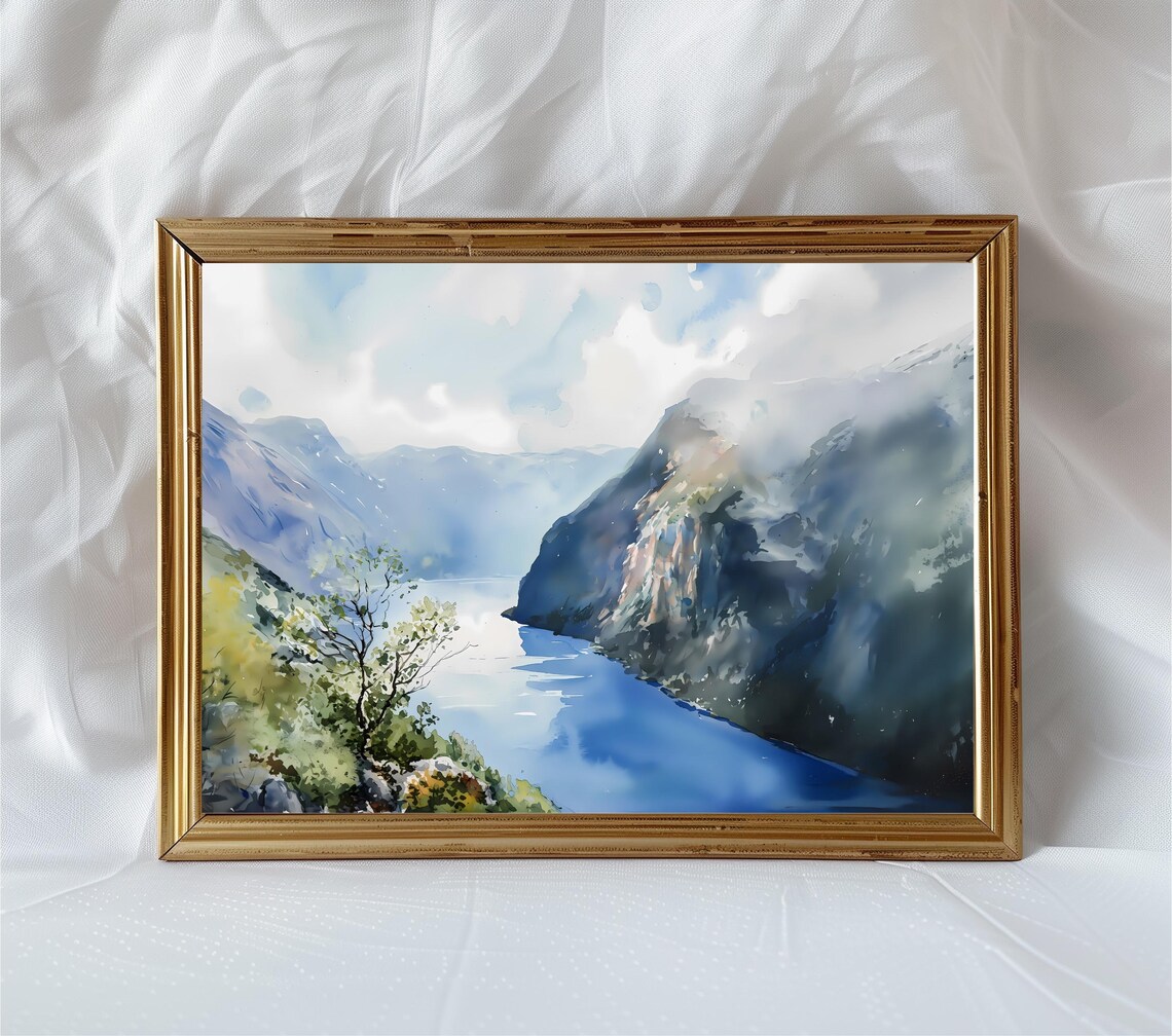 Geiranger Norway Watercolor Art Print, Nordic Landscape