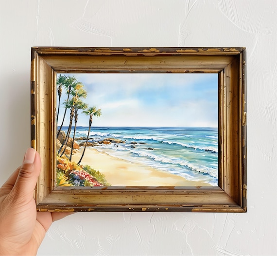 Tropical Beach Watercolor Painting Palm Trees Ocean Waves Coastal Poster
