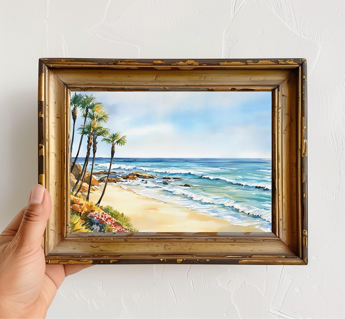 Tropical Beach Watercolor Painting Palm Trees Ocean Waves Coastal Poster