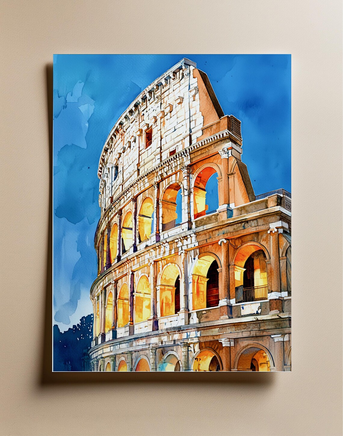 Colosseum Watercolor Travel Poster, Rome Italy