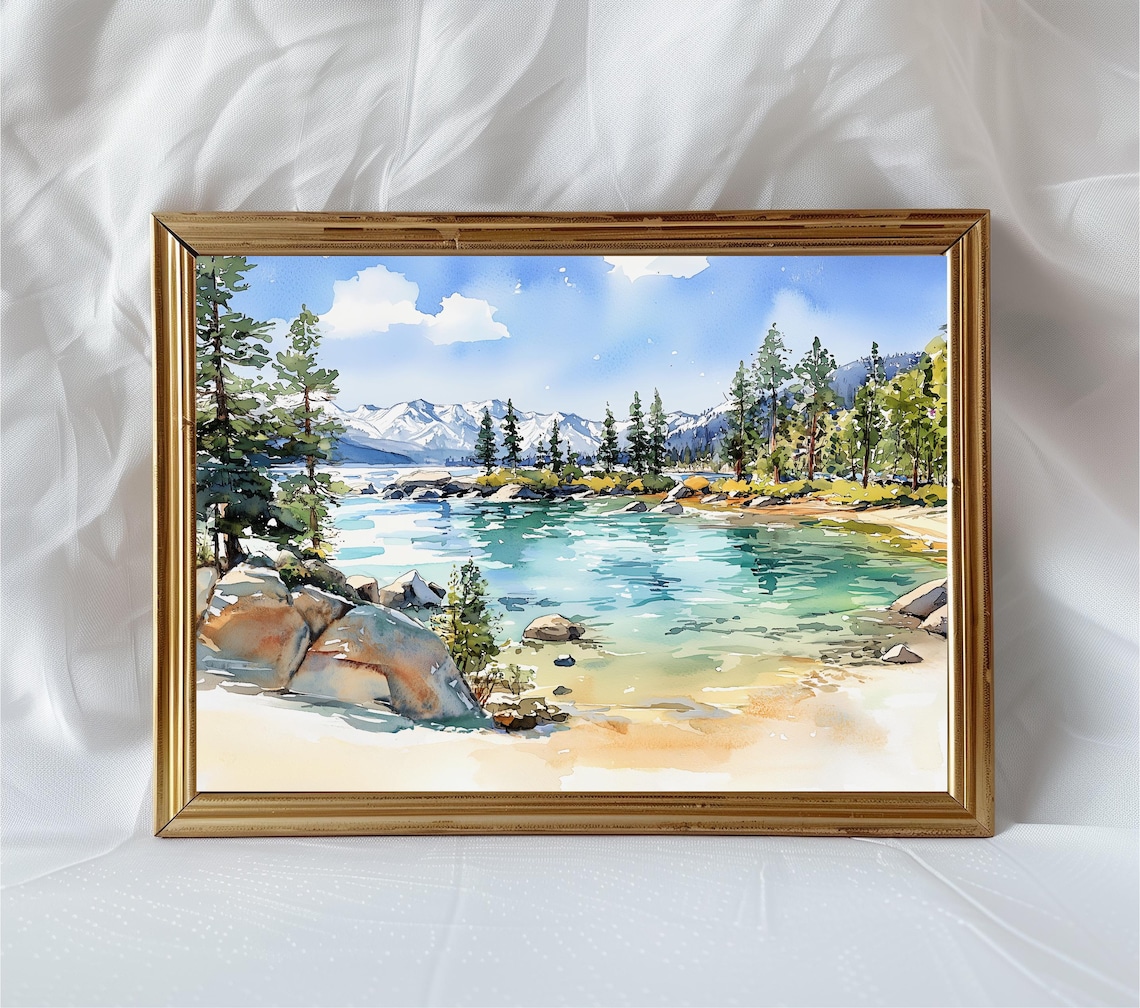 Lake Tahoe Watercolor Travel Poster, Sierra Nevada
