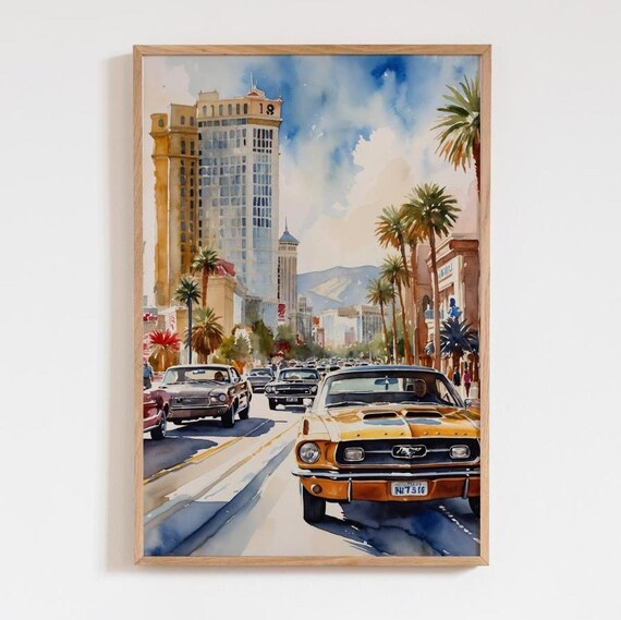 Las Vegas Watercolor Classic Cars Palm Tree Nevada Strip Scene Poster