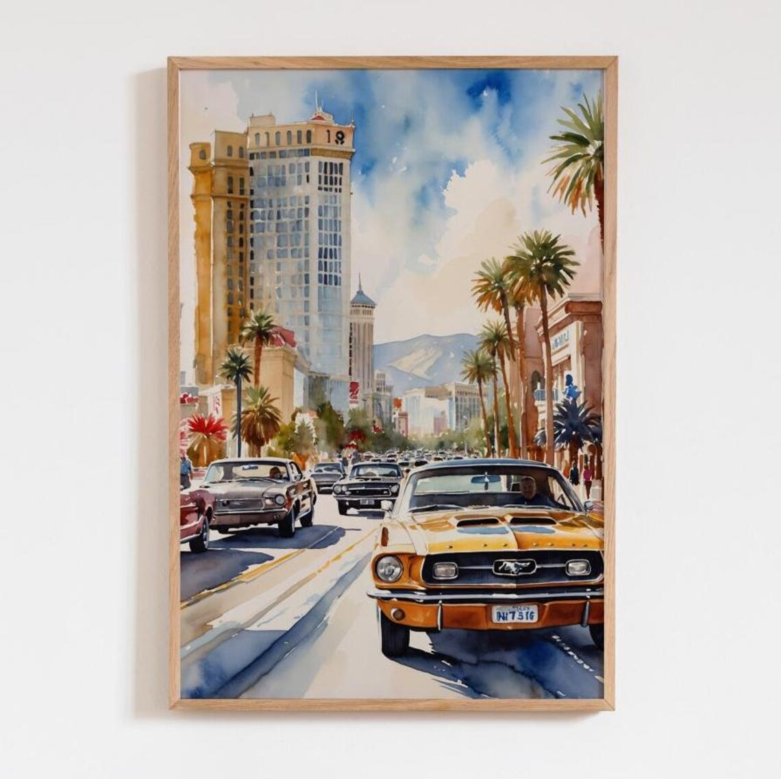 Las Vegas Watercolor Classic Cars Palm Tree Nevada Strip Scene Poster
