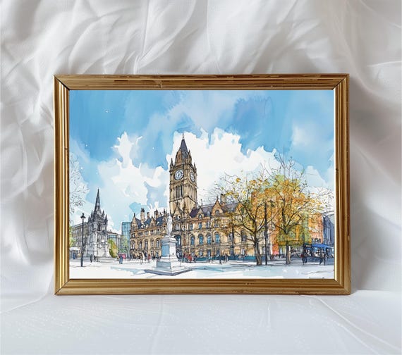 Manchester Town Hall Print Watercolor Pencil Sketch Wall Art Urban Cityscape Illustration Travel Gift England Architecture Poster