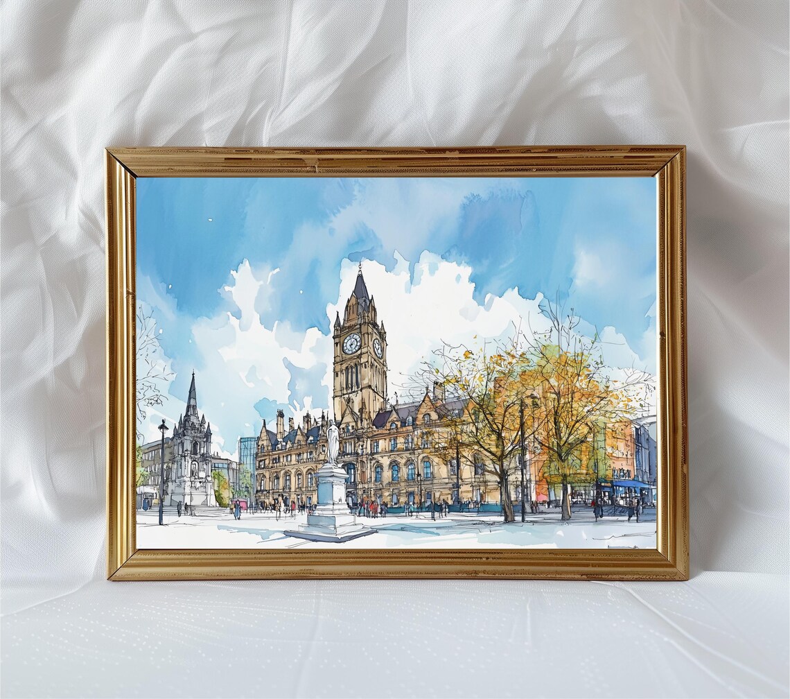 Manchester Town Hall Watercolor Urban Sketch England Cityscape Poster