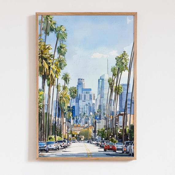 Los Angeles Watercolor Print Palm Tree Street Art Cityscape Wall Decor Blue Sky Urban Painting Travel Gift Poster