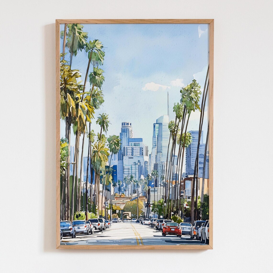 Los Angeles Downtown Skyline Watercolor Palm Street Cityscape Wall Decor Poster