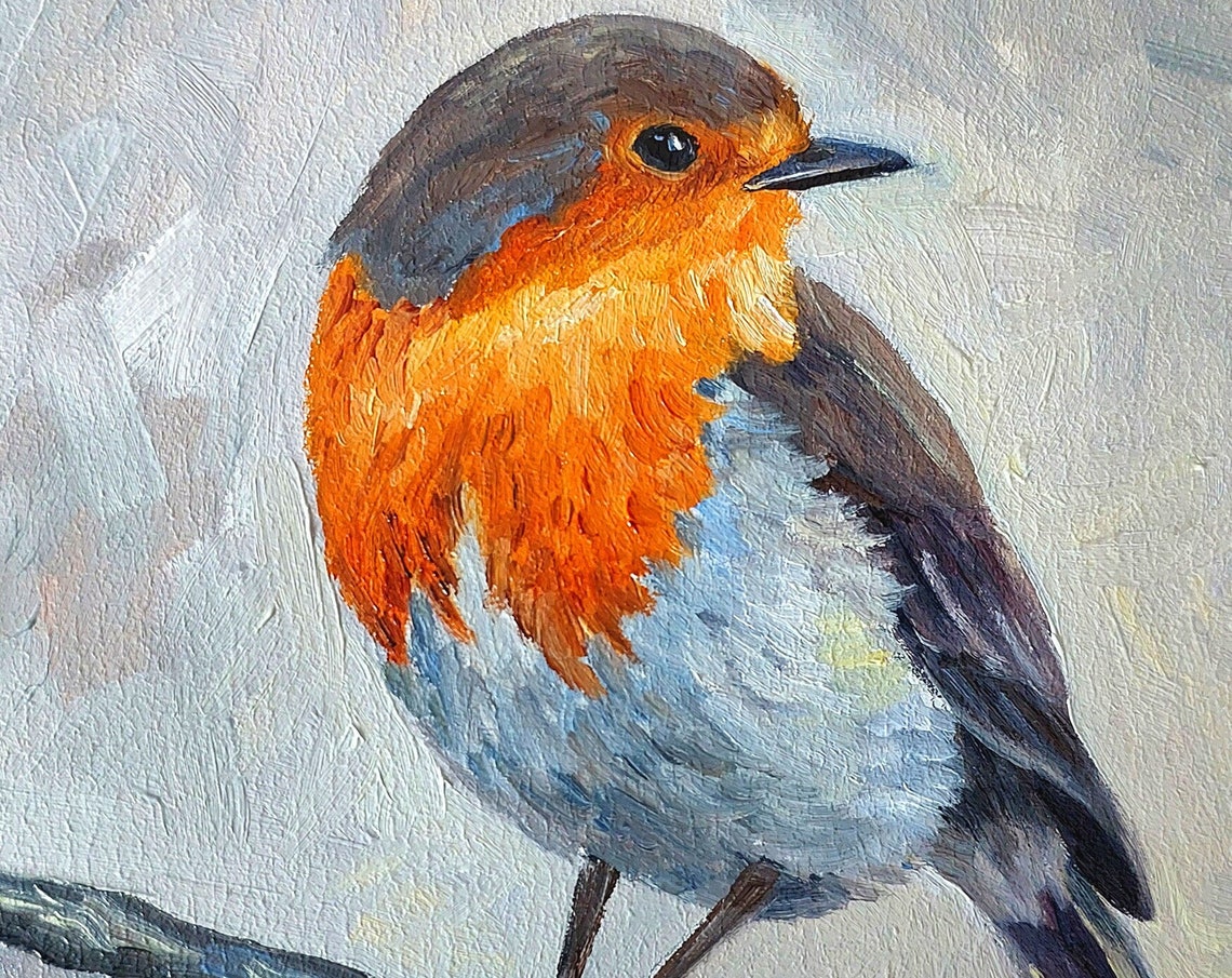 European Robin Close Up Original Oil Painting Bird Art Poster