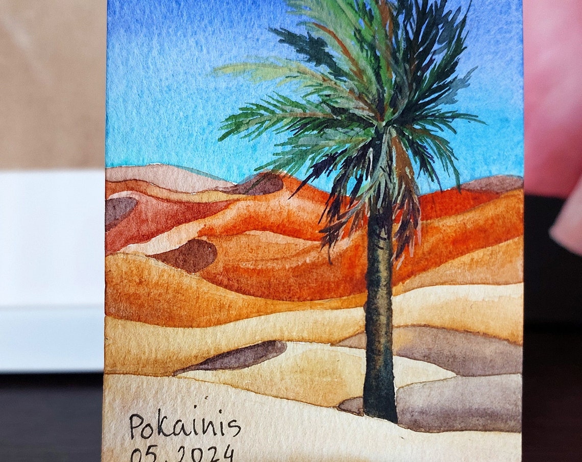 Lone Palm Tree over Red Desert Sand Dunes ACEO Watercolor Poster
