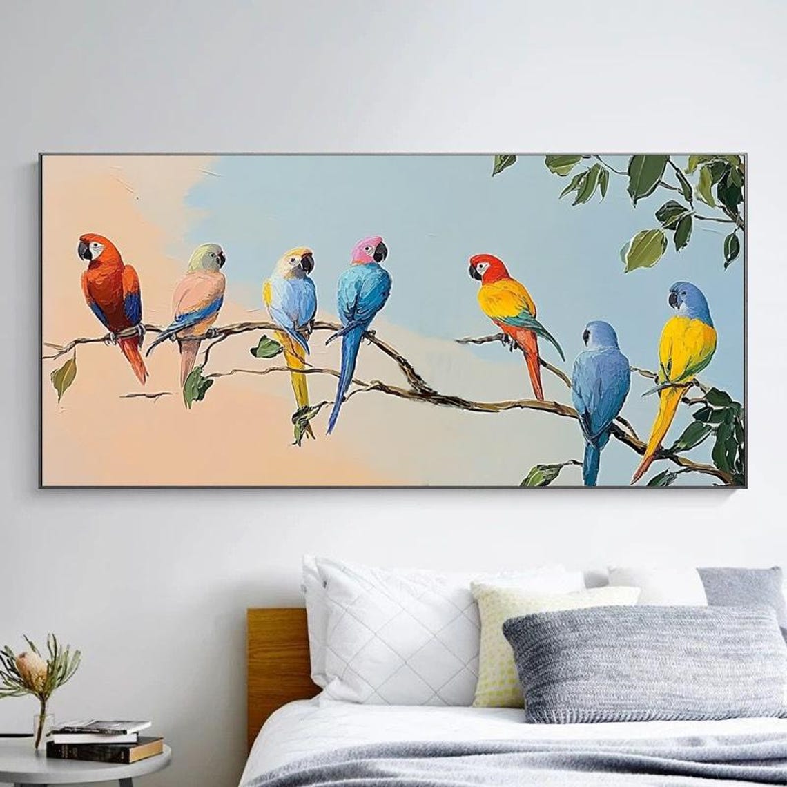 Eight Rainbow Parrots Perched on Leafy Branches Panoramic Poster