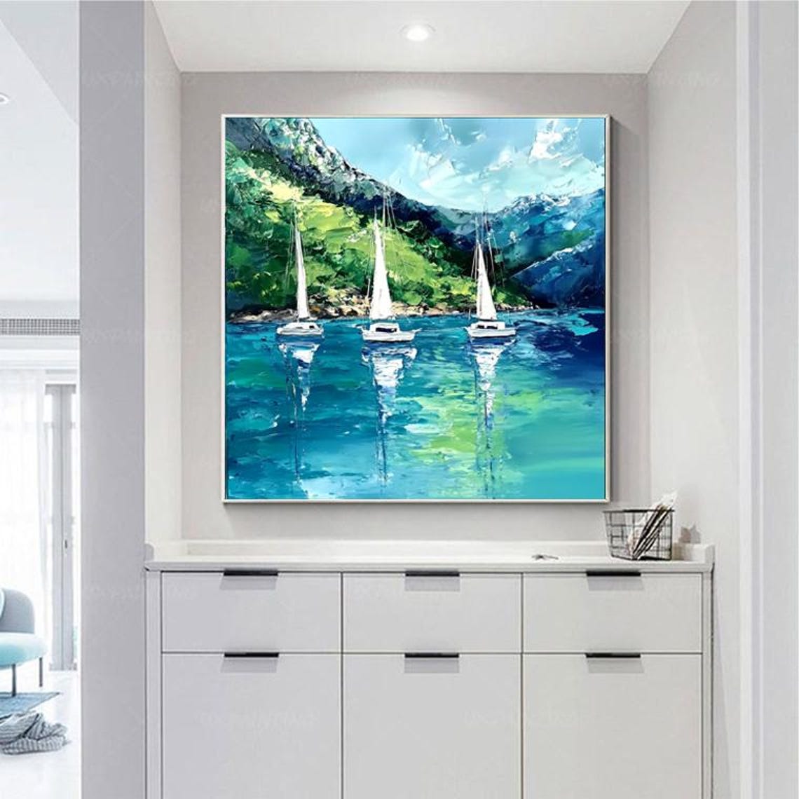 Three White Sailboats Sailing in a Turquoise Mountain Bay Poster - Image 3
