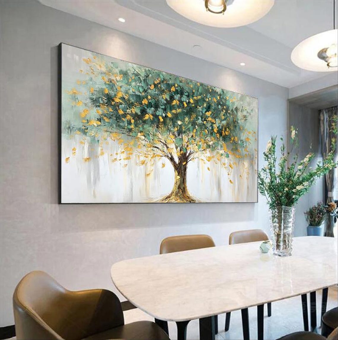 Lush Golden Green Money Tree Symbol of Prosperity Panoramic Wall Art - Image 4