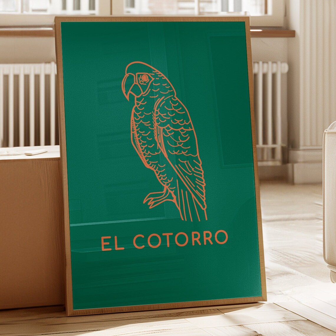 El Cotorro Parrot Mexican Loteria Line Art Dark Green Wall Art Poster