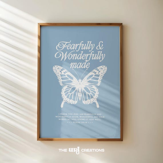 Christian Wall Art Light Blue Fearfully Wonderfully Made Print Boho Butterfly Prints Bible Verse Poster Aesthetic Dorm Decor
