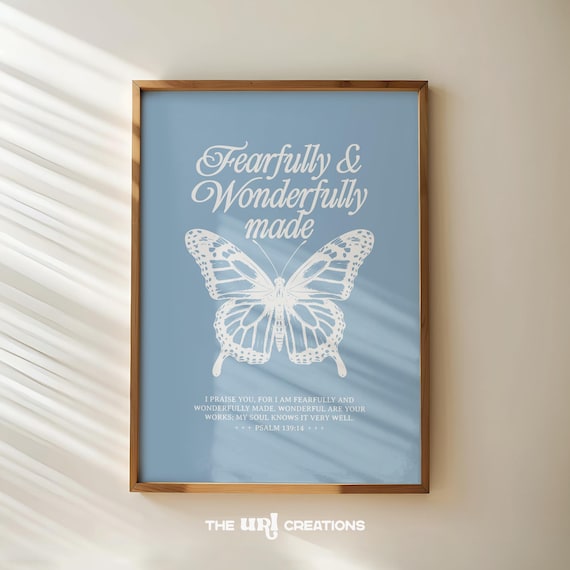 Fearfully and Wonderfully Made Butterfly Psalm 139 Verse Dusty Blue Poster
