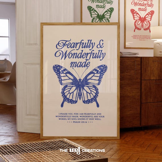 Blue Christian Wall Art Fearfully And Wonderfully Made Print Trendy Wall Art Bible Verse Poster Retro Scripture Print Y2k Decor